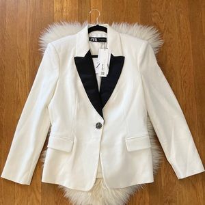Zara Satin Lapel Tuxedo-Style Blazer w/Jeweled Button